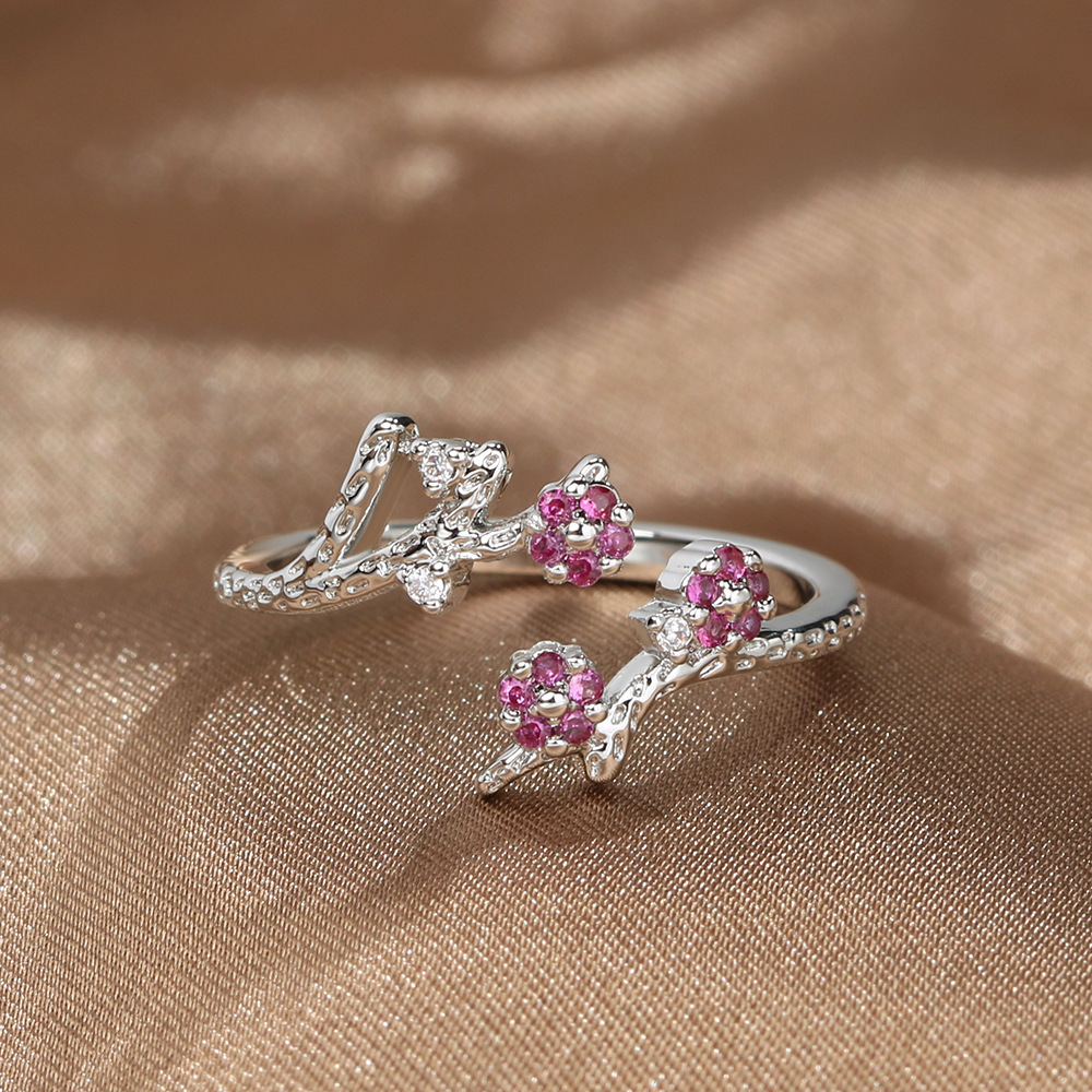Inlay Design Elegant Flower Copper Inlay Zircon Open Ring