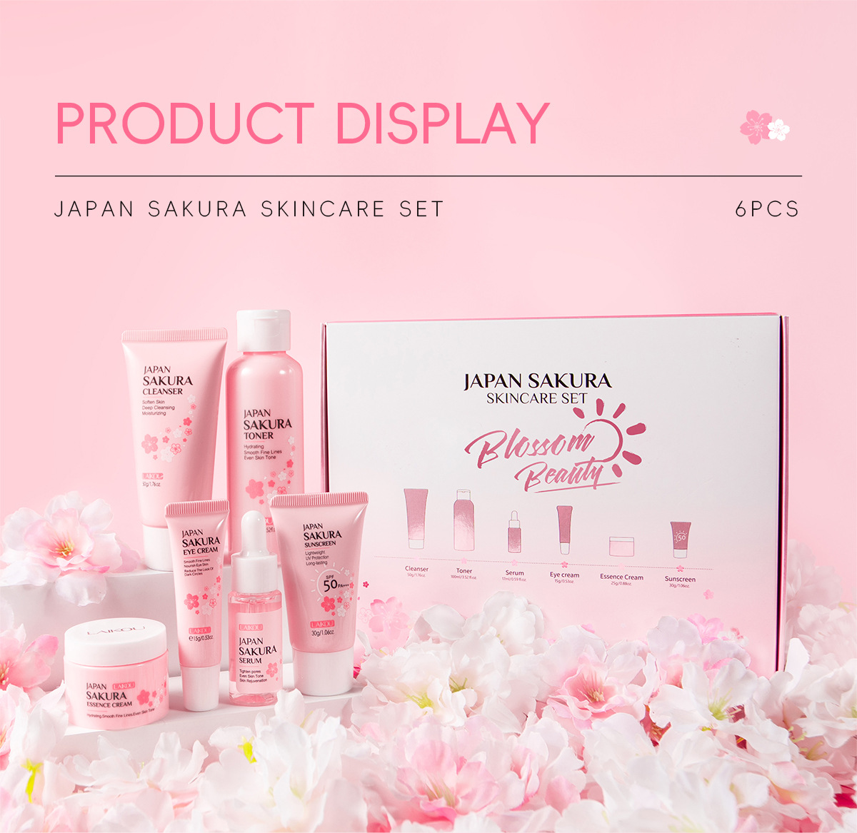 LAIKOU Cherry Blossom Skincare six-piece Set: Facial Cleanser, Essence, Eye Cream, Face Cream, Toner, sunscreen, Cross-border undefined