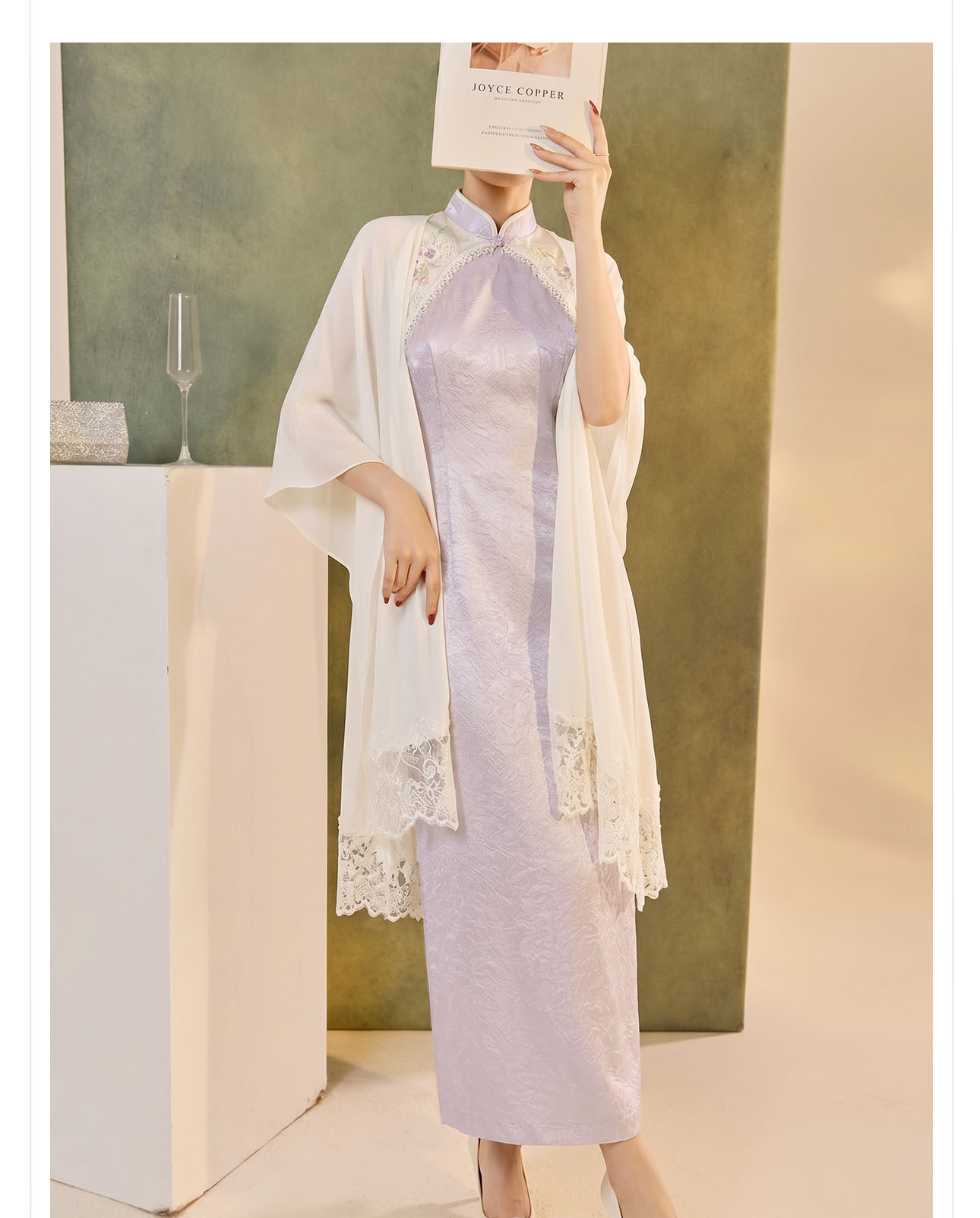 Đầm maxi satin sọc tông màu nối tay tua, cổ chẻ — Khoai tây tím chi tiết 13