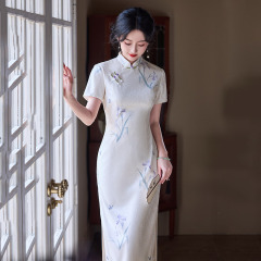 素雅國風新中式長款蘇州旗袍2025新款年輕款女復古修身短袖春夏季