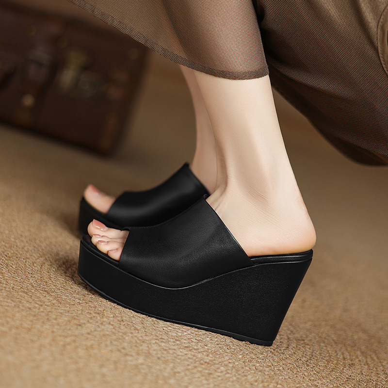 Sandal cao gót đế xuồng nữ hở mũi quai ngang gót 10 cm — Đen [da cừu]