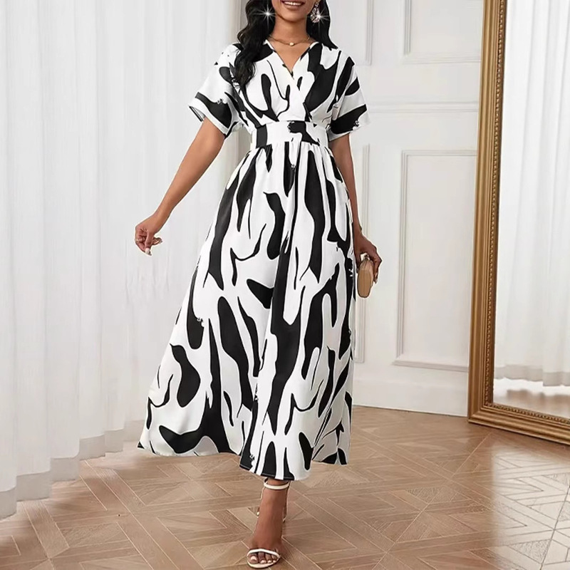 Cross-border foreign trade Amazon TEMU explosions Europe and the United States new women's fashion waist printing dress elegant temperament