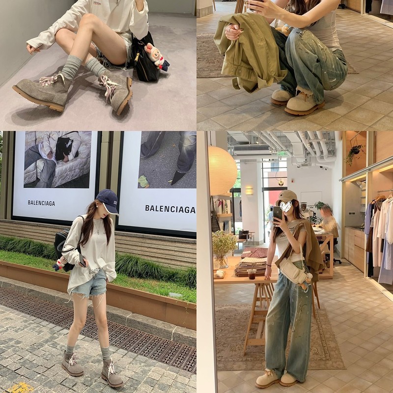 澜柜增高4cm~时髦大圆头撞色双鞋带短筒马丁靴女2025秋季新款短靴|undefined