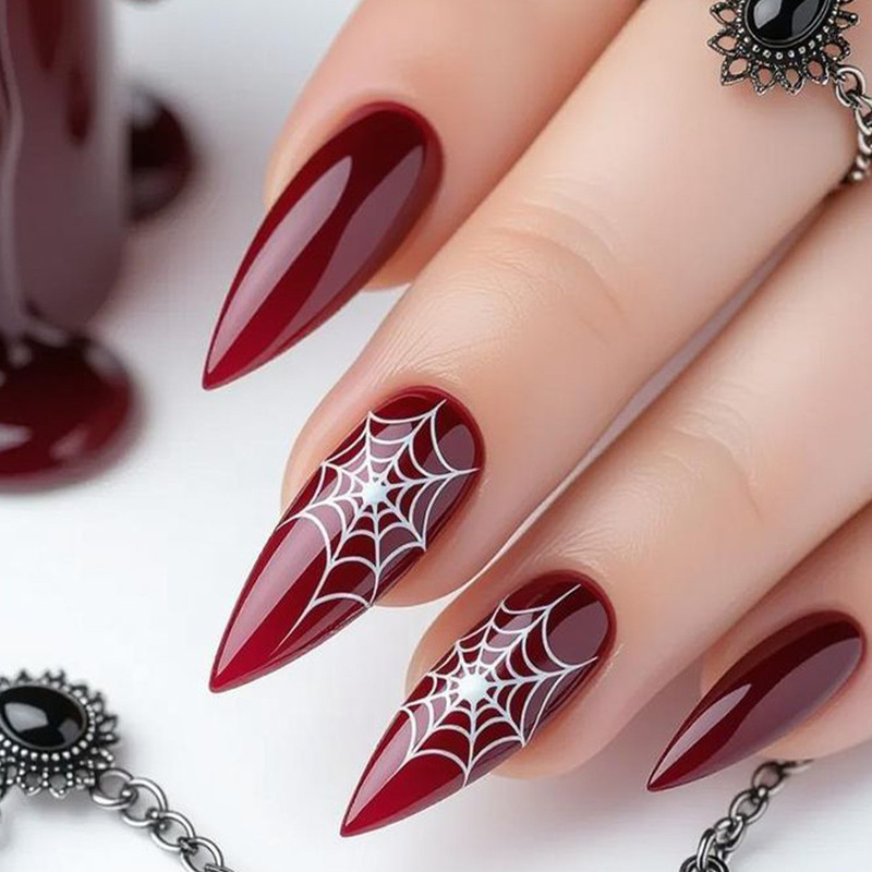 Halloween Nails Dark Style Black and Red Spider Web Fake Nails Removable Fake Nails Nail Art Stickers Foreign Trade Wholesale