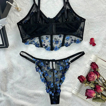 Y欧美花色网纱性惑透气可调节细丁字裤露乳刺绣三扣吊带火辣低腰