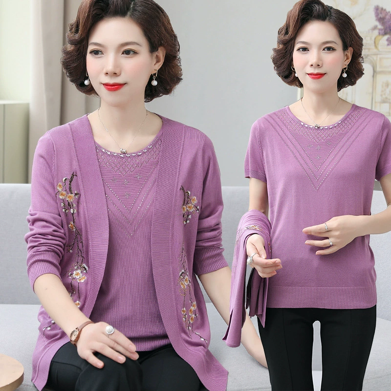 Летняя одежда для мам, модный костюм для женщин среднего и пожилого возраста, модный вязаный Топ, Женский весенне-осенний популярный костюм из двух частей