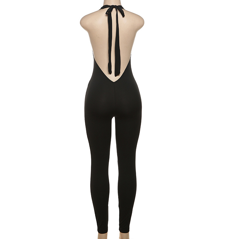 Summer Women Clothing Halter Lace Up Bare Back Sexy Solid Color Slimming Jumpsuit