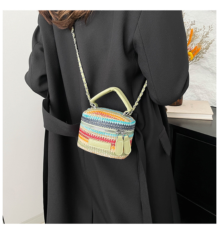 165g Weight Polyester Lining Material Weave Fashion Element Zipper Closure Type Top Handle, Chain Strap Type Crossbody Bag Bags Type Casual, Daily, Shopping Occasion Straw Material Multicolor Pattern Spring&Summer Season Women's Gender Vintage Style Style Cylindrical Shape Women's Straw Multicolor Vintage Style Weave Cylindrical Zipper Crossbody Bag 4