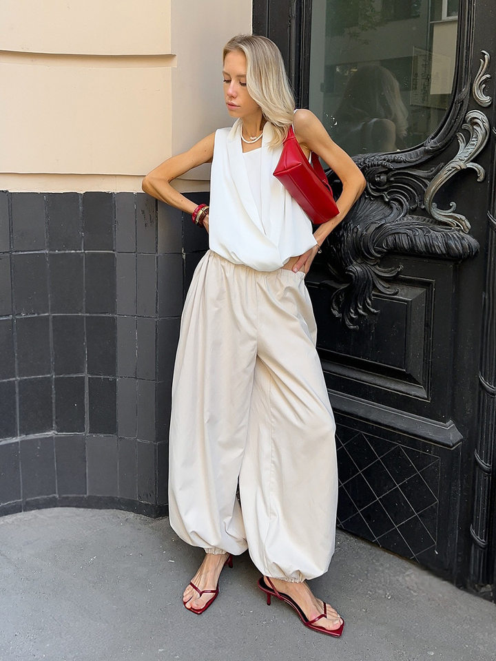 Quần harem ống rộng cotton dáng lửng lưng vừa phong cách đường phố — Màu hồng, Màu kaki, Màu mơ, Màu xanh da trời chi tiết 60