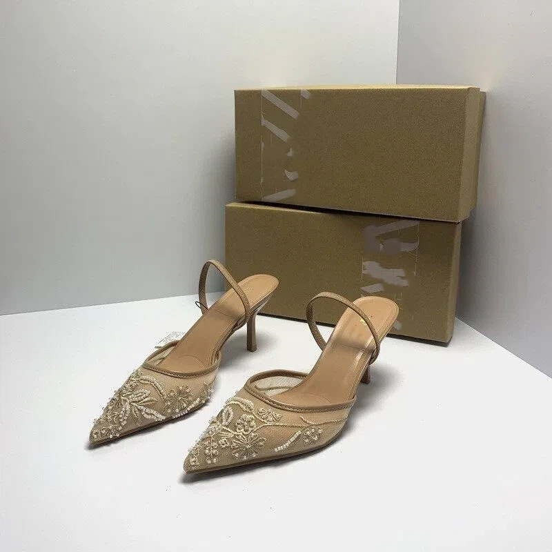 Sandalias de Tacón Alto de Malla Bordada de Tejido y Caucho, Tacón Fino y Punta Afilada, para Bodas image 4