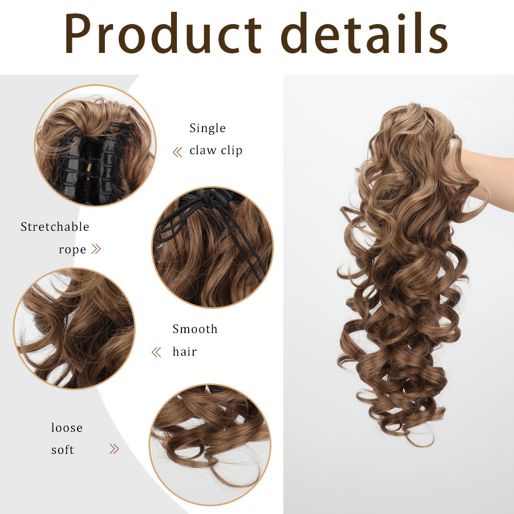 16inch Brown Black Textured Curly Hair Synthetic Fiber Claw Clip Style Ponytail_voghion.com