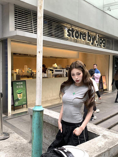 260g Cotton Modal T-shirt with Back Cut-Out, Women's Fitted Slimming Short-Sleeve Top, Grey, American Style