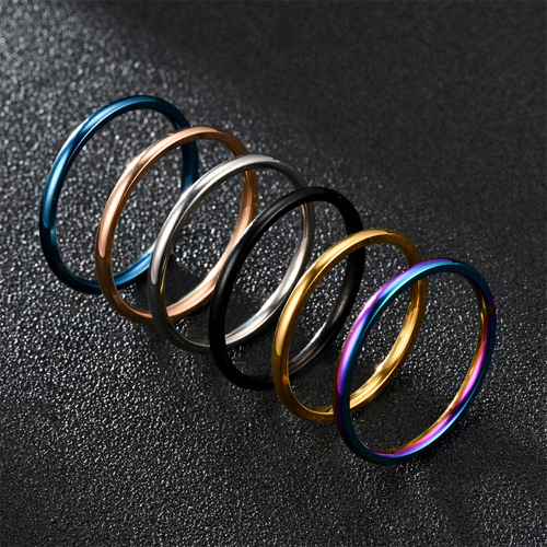 2mm polished titanium steel ring for women, minimalist Japanese-Korean style, personalized simple band, rose gold plated, black, women's size, small finger ring