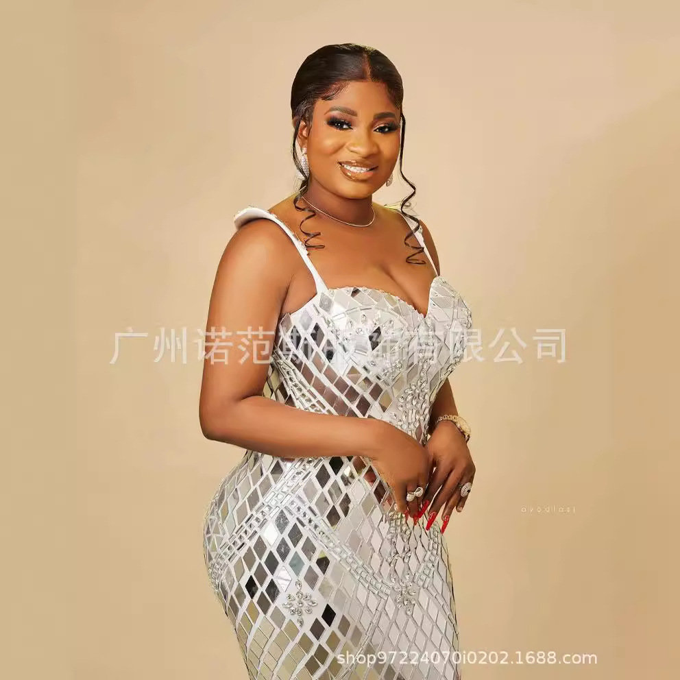 2024 Designer Clothing Summer Mirror Sequin Rhinestone Applique Evening Dress Women's Floor Length Formal Gown Prom