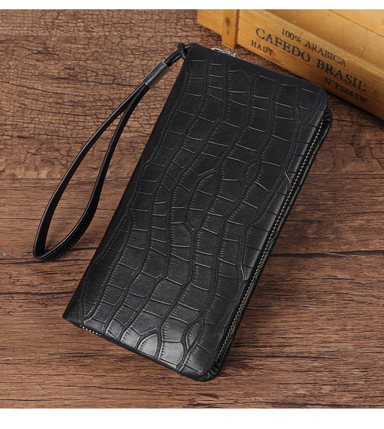 Ví nam dài vân cá sấu da bò thật khóa kéo đôi nhiều ngăn đựng thẻ 21×4,5×11 cm — Màu đen vân cá sấu cỡ nhỏ, Màu đen vân cá sấu cỡ trung chi tiết 5