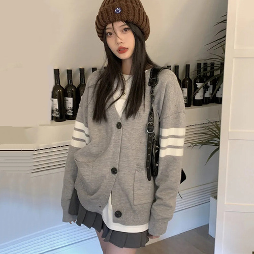 Women's Autumn/Winter Color-blocked Knit Cardigan Sweater with Striped Sleeve, Loose Fit Overcoat for College Style