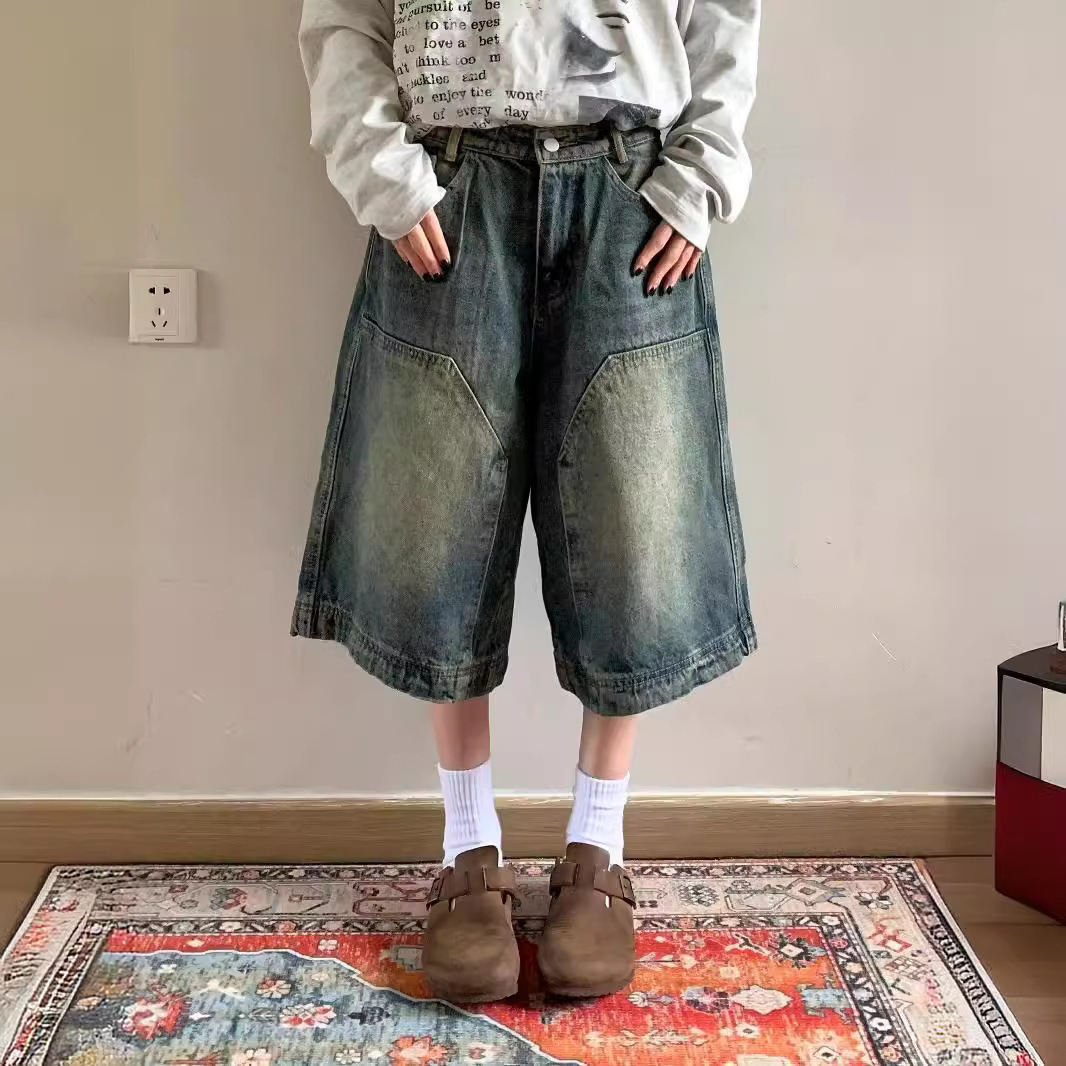 Wide-leg distressed casual versatile cropped pants vintage washed stitching Denim shorts men's and women's summer cross-border explosions