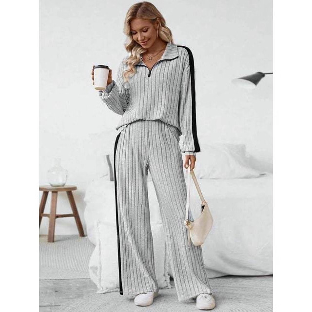 European and American Cross-Border Simple Sports Style Contrasting Color Stitching Lapel Zipper Top Wide-Leg Pants Casual Versatile Women's Suit