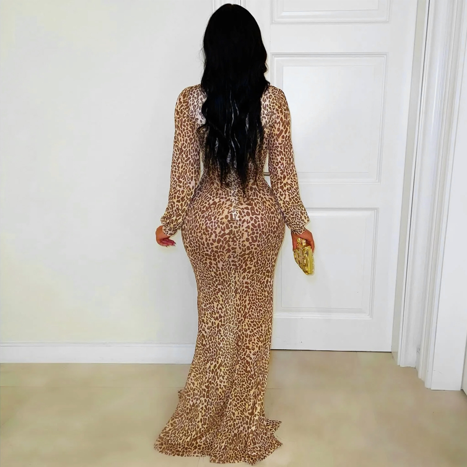 C7571 Aliexpress transfronterizo amazon ropa de moda europea y americana sexy V profunda vestido de brazo bifurcado de leopardo nuevo image 4