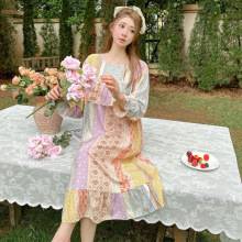 圆领棉绸长袖防凸裙女春秋居家服大码睡裙女套装女风仙女风套装