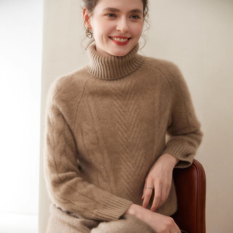 British Designer Style ~ Solid Color Cashmere Sweater for Women, High-Neck Thick Cable Knit Wool Sweater for Layering