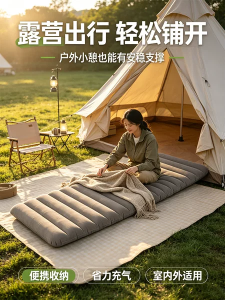 Single-person ultra-elastic composite inflatable camping mat, portable TPU inflatable mattress, camping moisture-proof inflatable bed
