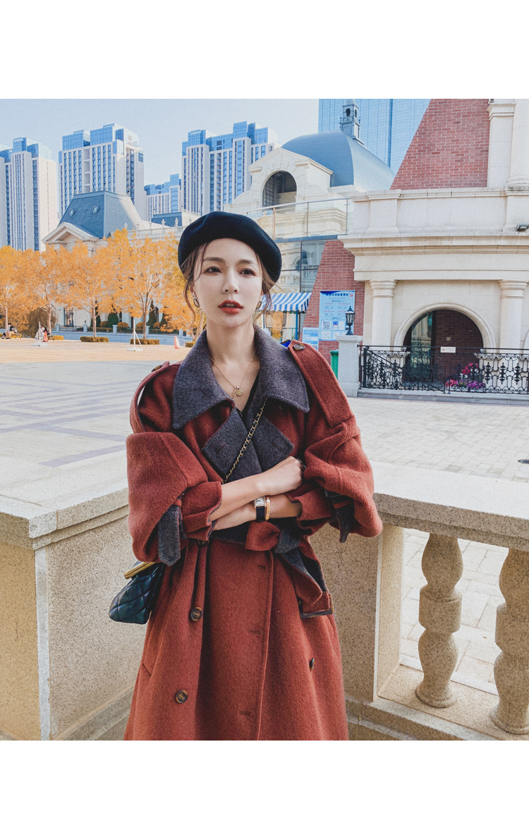 Women's Long Woolen Coat Brick Red Hepburn Style Winter Overcoat_voghion.com
