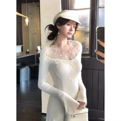 从一时刻不知雪 惊艳内搭温柔氛围蕾丝v领针织连衣裙收腰显瘦长裙