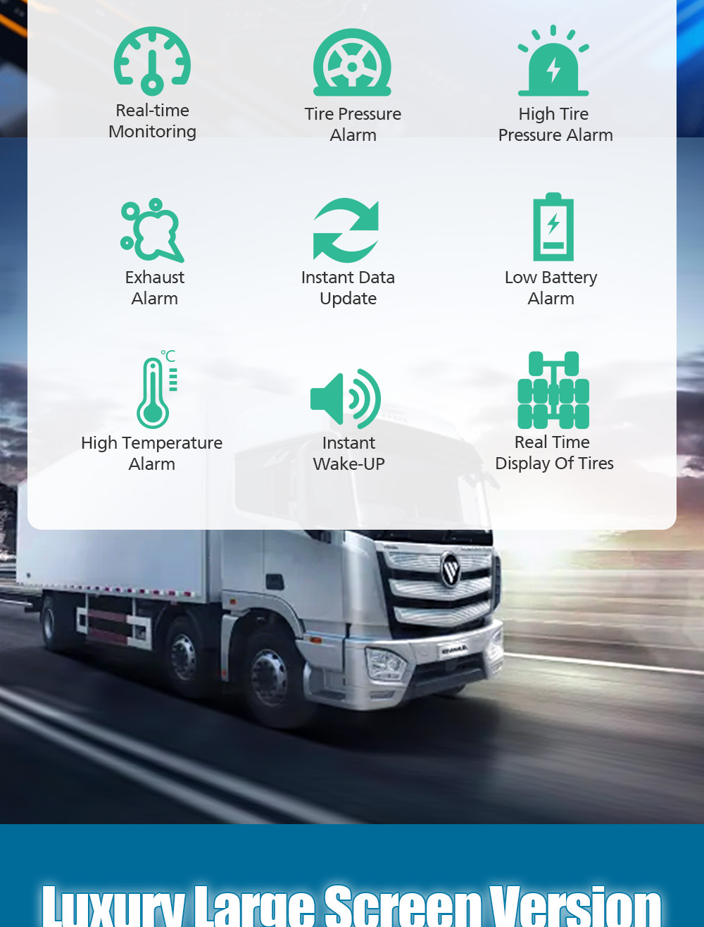 Large Truck Tire Pressure and Temperature Monitor with Large Screen Display, Multi-Wheel Simultaneous Display, Color Screen Design, Built-In and External Sensors