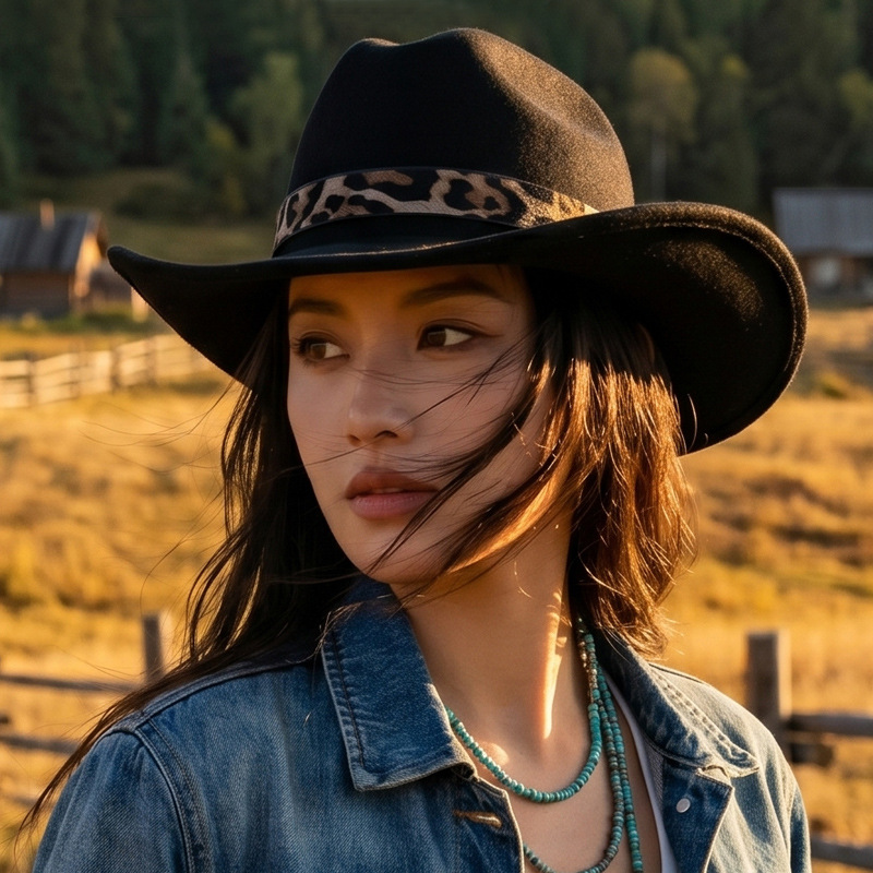 欧美豹纹帽带时尚礼帽男女爵士帽子秋冬百搭毛毡帽翘沿西部牛仔帽