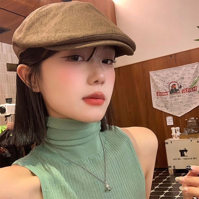 美式复古辣妹棉麻前进帽女秋冬薄款文艺百搭街头显脸小贝雷帽子潮|undefined
