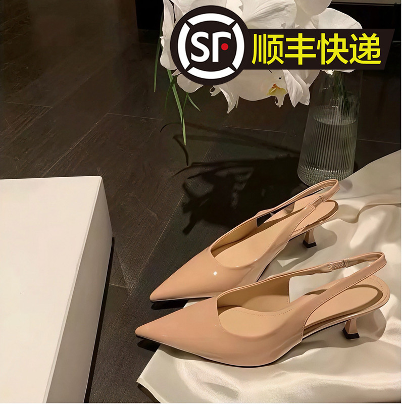 Sheepskin Version of French-Style Elegant Pointed-Toe Nude-Colored Closed-Toe Sandals for Women, Stunning Patent Leather High-Heeled Shoes That Are Comfortable