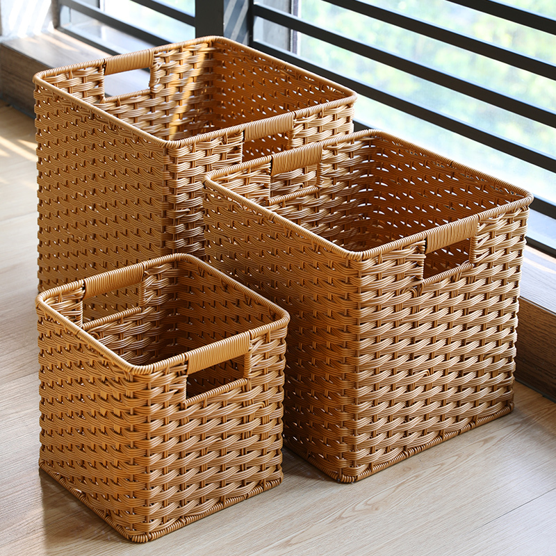 Kalike チェック柄キャビネット収納バスケットプラスチック模造籐家庭用テレビキャビネット本棚雑貨収納整理バスケット正方形|undefined