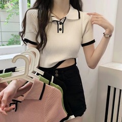 衝突色polo襟正肩ニット半袖tシャツ女性夏のボディスーツのデザイン感が小さい