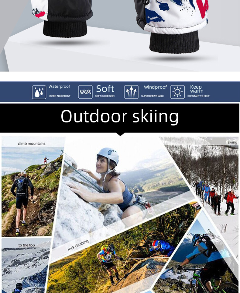 Winter Men's and Women's Cold-proof Fleece-lined Thickened Cotton Waterproof Non-slip Warm Riding Outdoor White Graffiti Ski Gloves_maomaolike.com