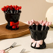 原创蝴蝶结可爱水果叉精致高颜值轻奢家用不锈钢小叉子陶瓷收纳罐