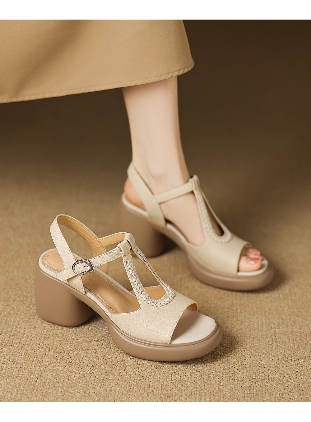 Sandal cao gót nữ phong cách La Mã, gót 8 cm, đế dày, da cừu mềm — Màu trắng be chi tiết 7