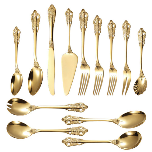 Cross-border 304 stainless steel knife, fork and spoon, thickened high-end steak knife and fork, retro light luxury gold palace embossed tableware