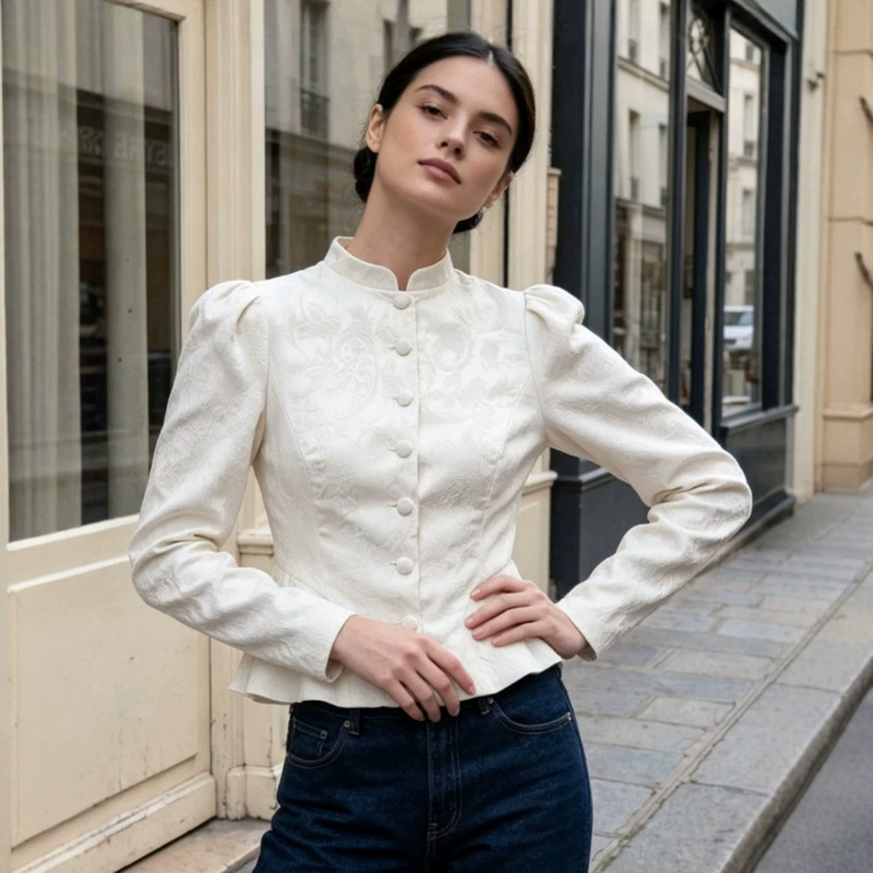French-style elegant stand-collar jacquard top for women, 2026 autumn and winter design, waist-cinching puff sleeve jacket, cross-border women's clothing French-style elegant stand-collar jacquard top for women, 2026 autumn and winter design, waist-cinching puff sleeve jacket, cross-border women's clothing