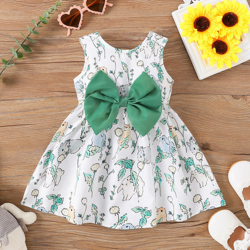 INS Summer Girls' Round Neck Sleeveless Printed Cute Bow Fashion Dress
