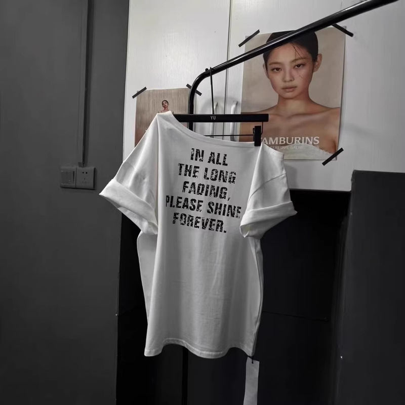 American-Style Spicy Girl Black Lettered One-Shoulder Short-Sleeve T-Shirt for Women, Summer Loose Fit, Korean Style, Lazy Style, Off-Shoulder Top American-Style Spicy Girl Black Lettered One-Shoulder Short-Sleeve T-Shirt for Women, Summer Loose Fit, Korean Style, Lazy Style, Off-Shoulder Top