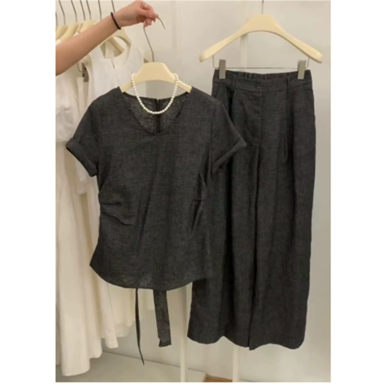 Летний корейский комплект HK-9025 в стиле французского ретро: универсальный топ с завышенной талией + прямые брюки с высокой талией.