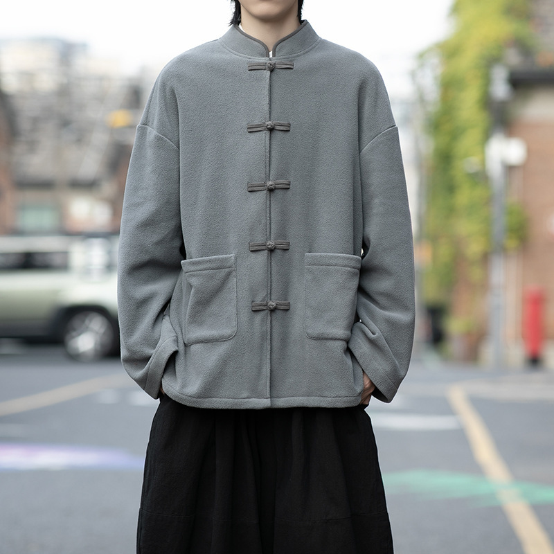 2025 New Autumn and Winter Men's Large Size Loose Double-Sided Velvet Light, Soft and Warm Jacket Retro Buckle Pure Color Long Sleeves