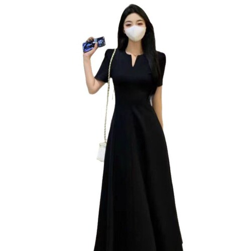 Women's 2025 Summer Tea Party Short Sleeve Skirted Dress with Waist Cincher, Fat Mm Cover Stomach Slimming Elegant Audrey Hepburn Style Long Skirt