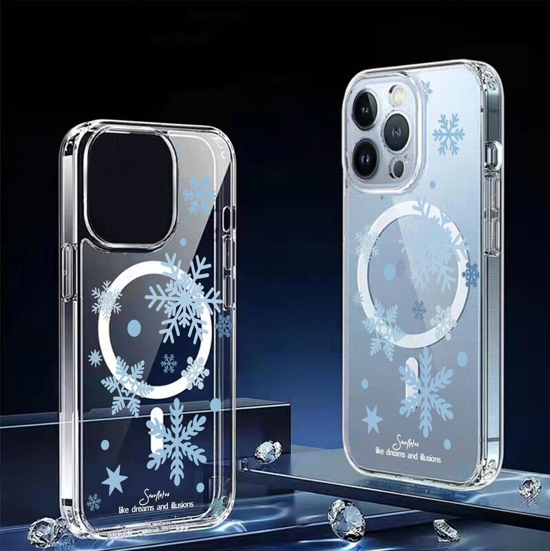 Blue Snowflake Magnetic Suction Suitable for Apple Iphone15/16/17Promax Transparent All-Inclusive 16 Mobile Phone Case Protection