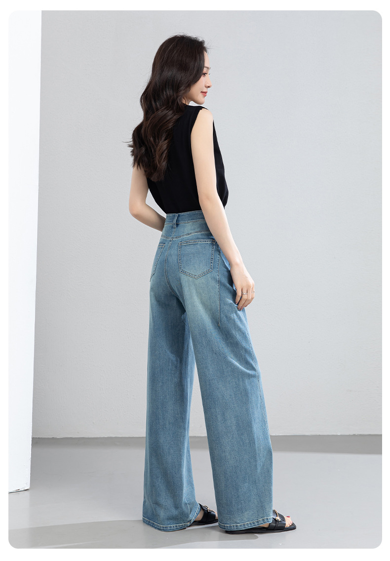 Quần jean nữ ống rộng cạp cao chất vải denim pha sợi tencel mềm mại — xanh lam chi tiết 26