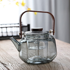 高硼硅耐熱胡桃木斜提梁圍爐煮茶壺蒸茶壺電陶爐用煙灰色玻璃茶壺