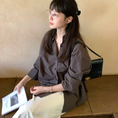 日系复古咖啡色长袖百搭衬衫女秋高级感简约Polo翻领休闲棕色衬衣