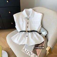 新しい薄いポロカラーシャツ女性のノースリーブ単列マルチボタンウエスト痩身シャツファッショナブルで多用途なトップ