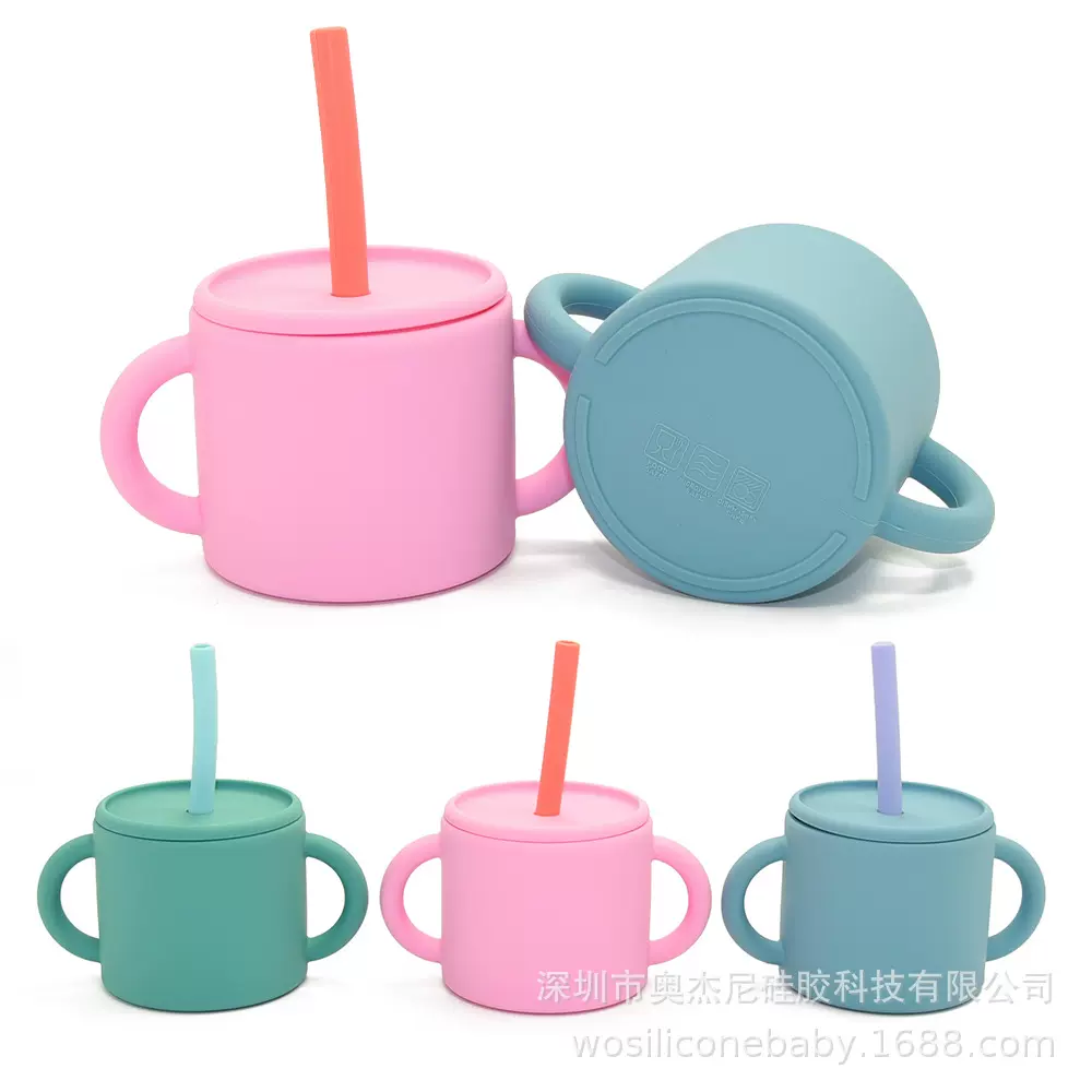 跨境现货婴儿学饮杯硅胶杯子儿童耐高温水杯160ml直吸管双耳杯